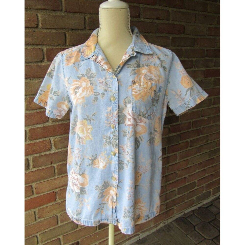 Hawaiian Denim Shirt Button Up Blouse Yellow Rose Women Size M Gloria Vanderbilt